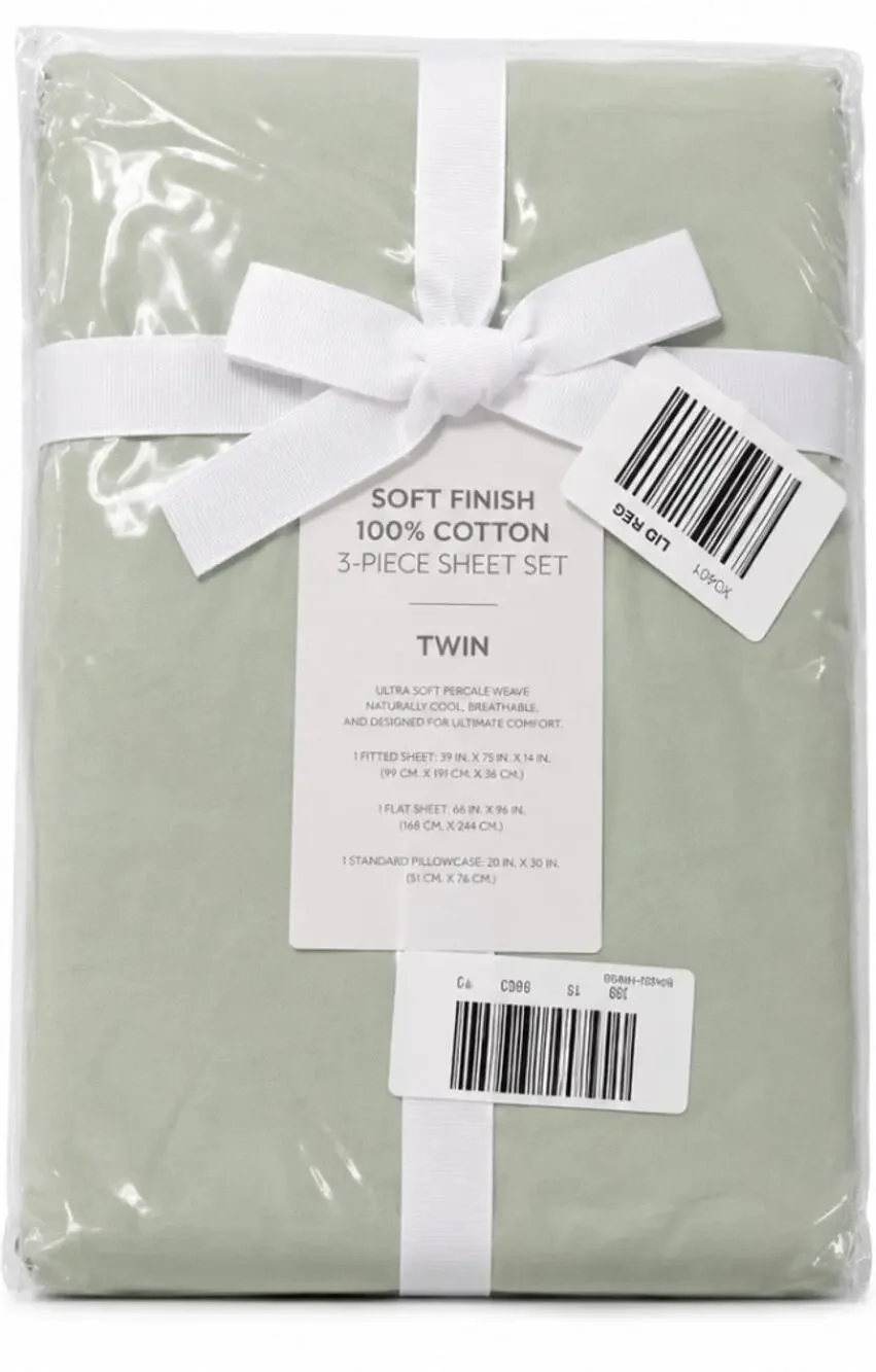 NEW 100% Cotton Twin Sheet Set Soft Finish Percale Sage Green 3 Piece